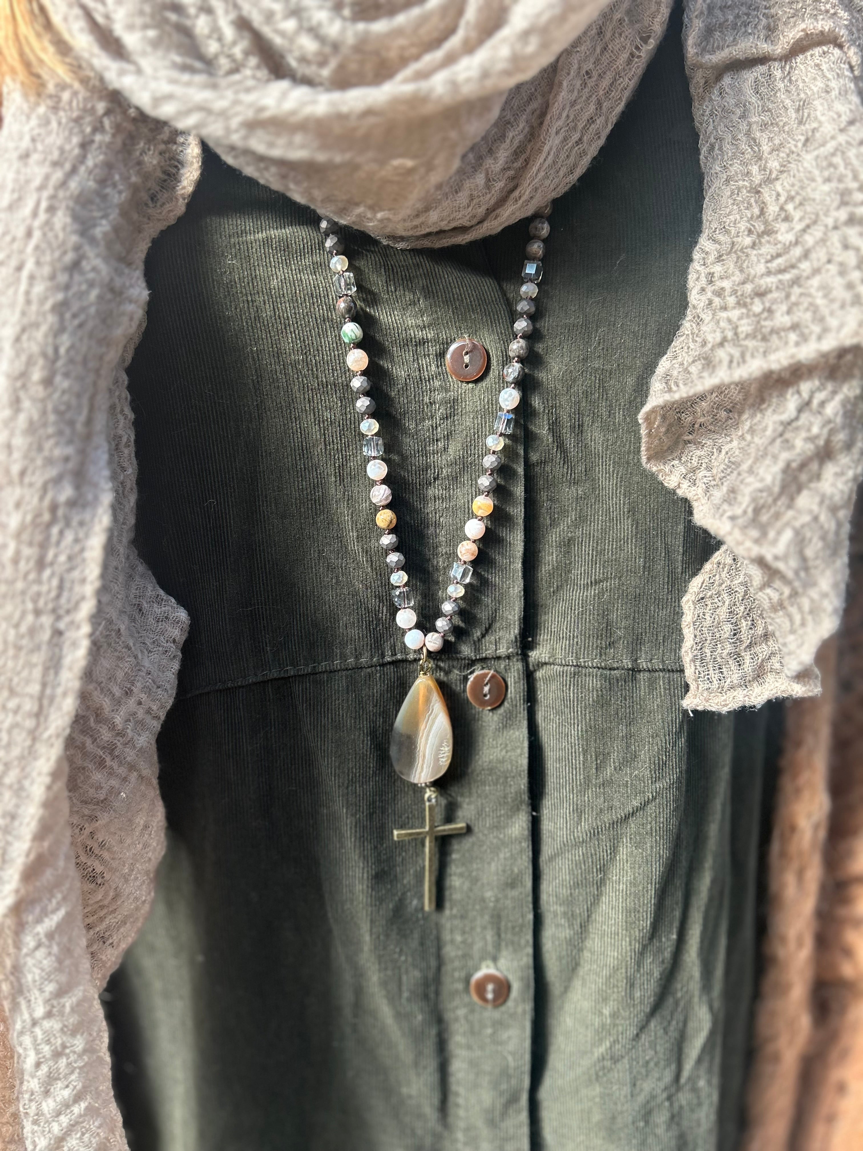 Natural Stone Necklace With Cross