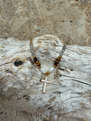 Brown & Grey Stone With Cross Necklace