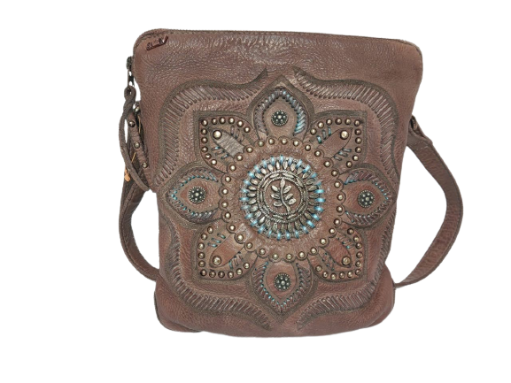 Vintage washed leather bag -  Cognac Flower Studded Mandala