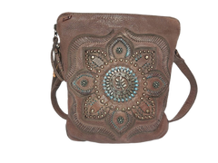 Vintage washed leather bag -  Cognac Flower Studded Mandala