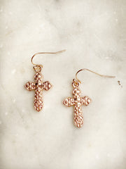 Jewellery - Earrings - Small Filagree Cross. Rose Gold.