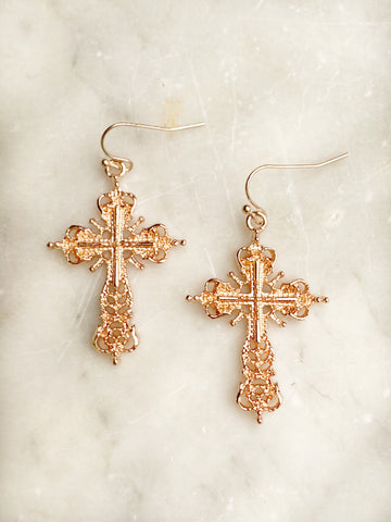 Jewellery - Earrings - Filagree Cross. Rose Gold.