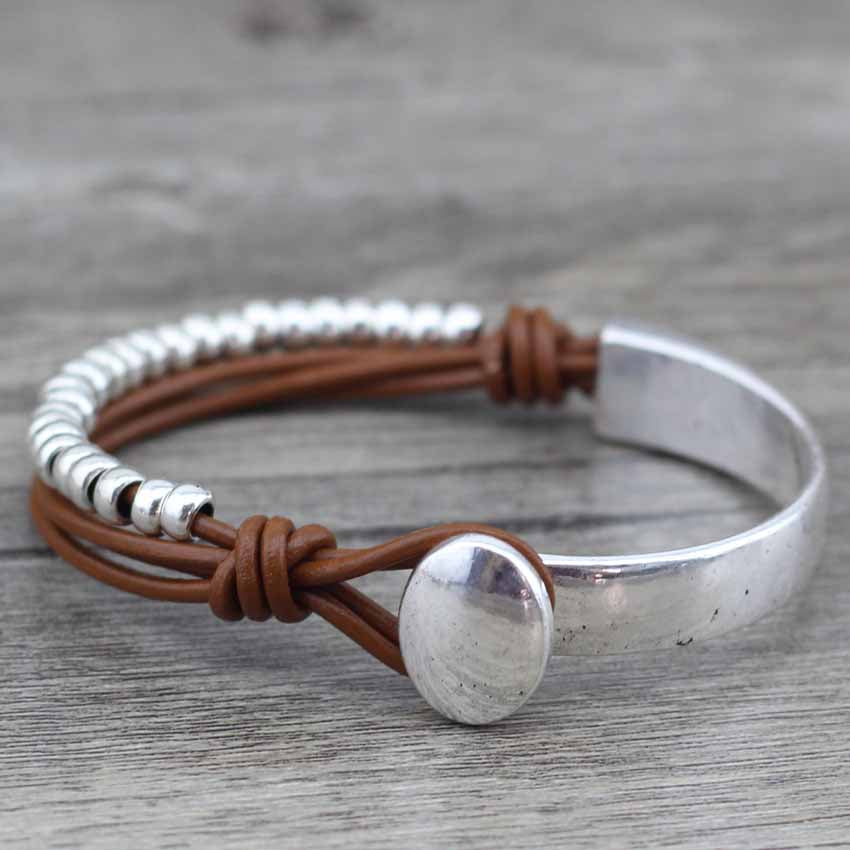 Jewellery - Bracelet - Silver and Leatherette Single Beaded and Bangle Wrap.